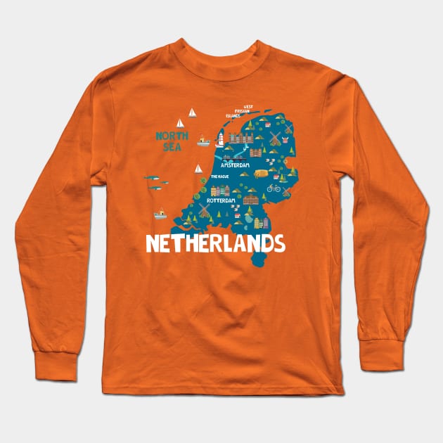 Netherlands Illustrated Map Long Sleeve T-Shirt by JunkyDotCom